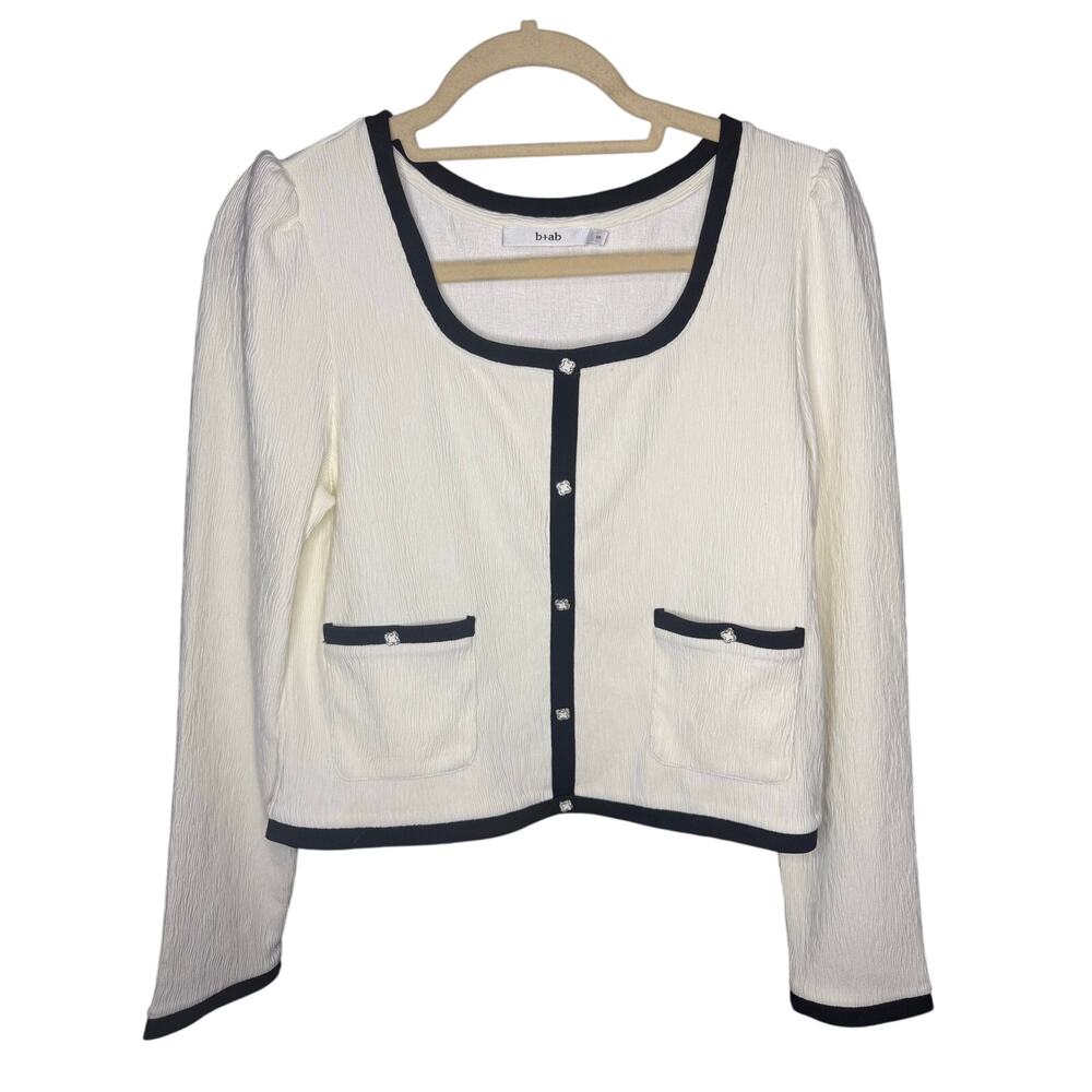b+ab Women's Top White Black with Rhinestone Buttons SIze S